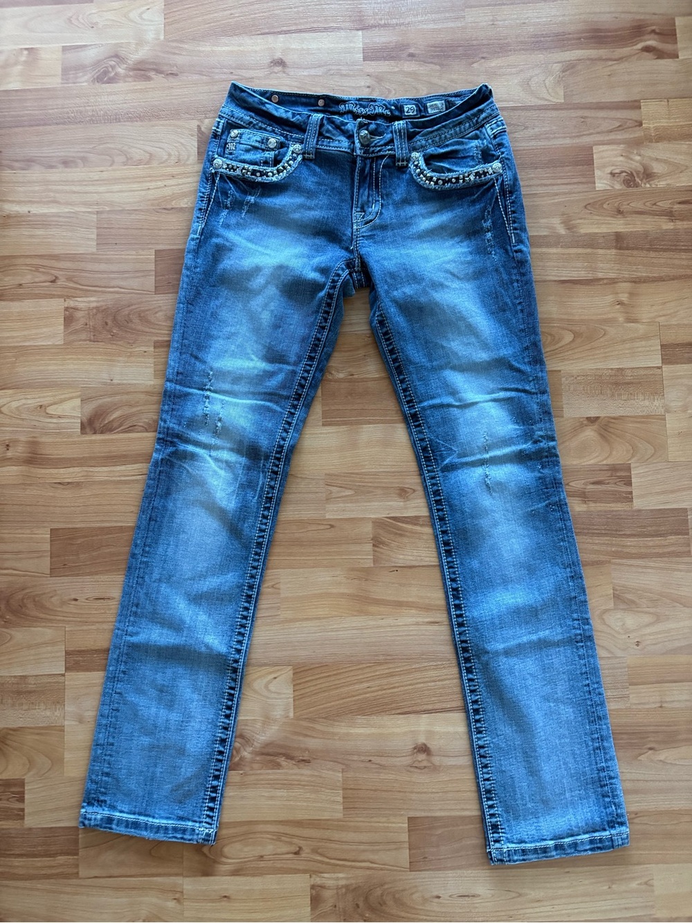 Miss Me Women's Faded Blue Skinny Jeans with Studded Pockets 29